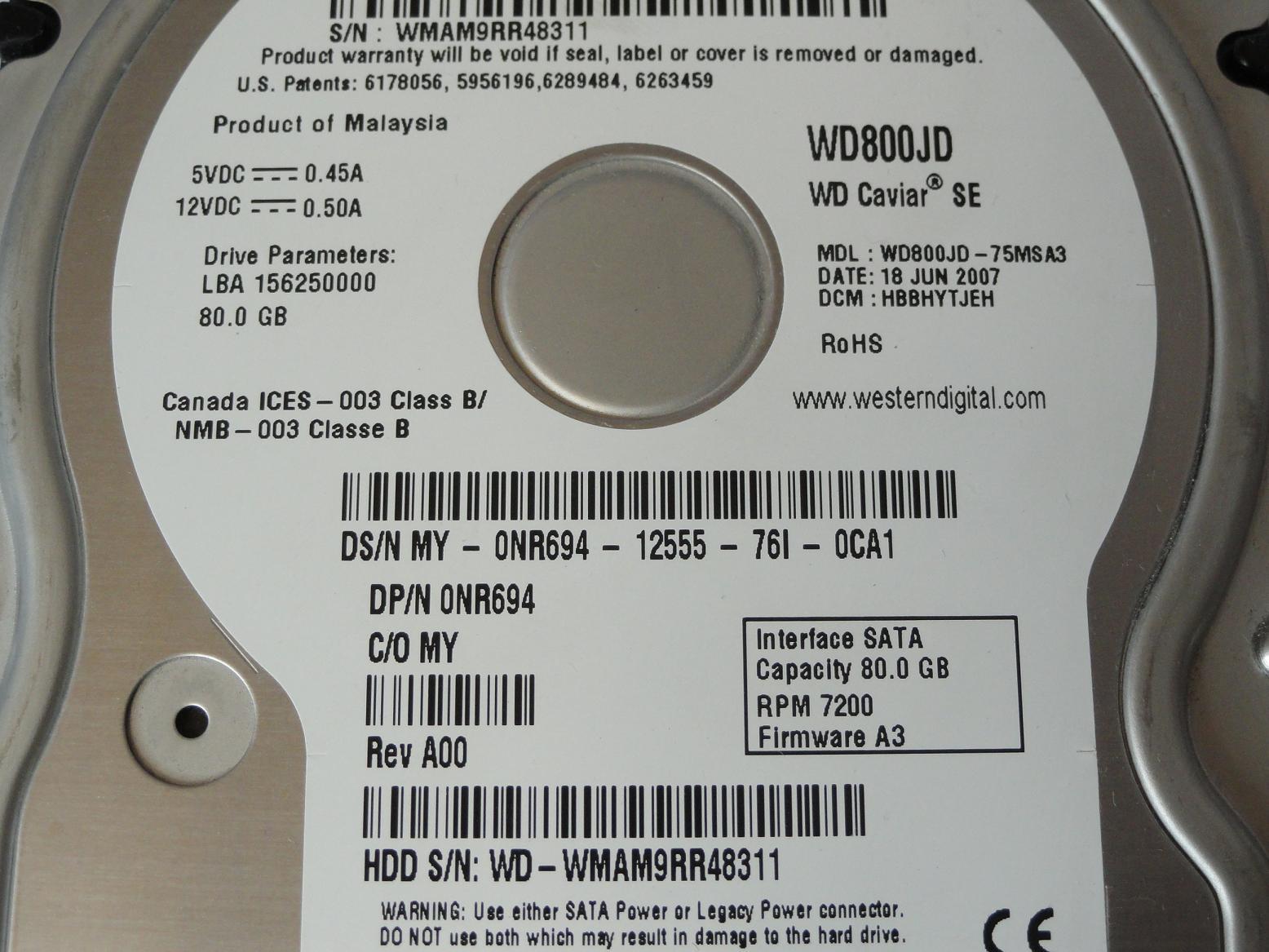 PR20086_WD800JD-75MSA3_Western Digital Dell 80GB SATA 7200rpm 3.5in HDD - Image3