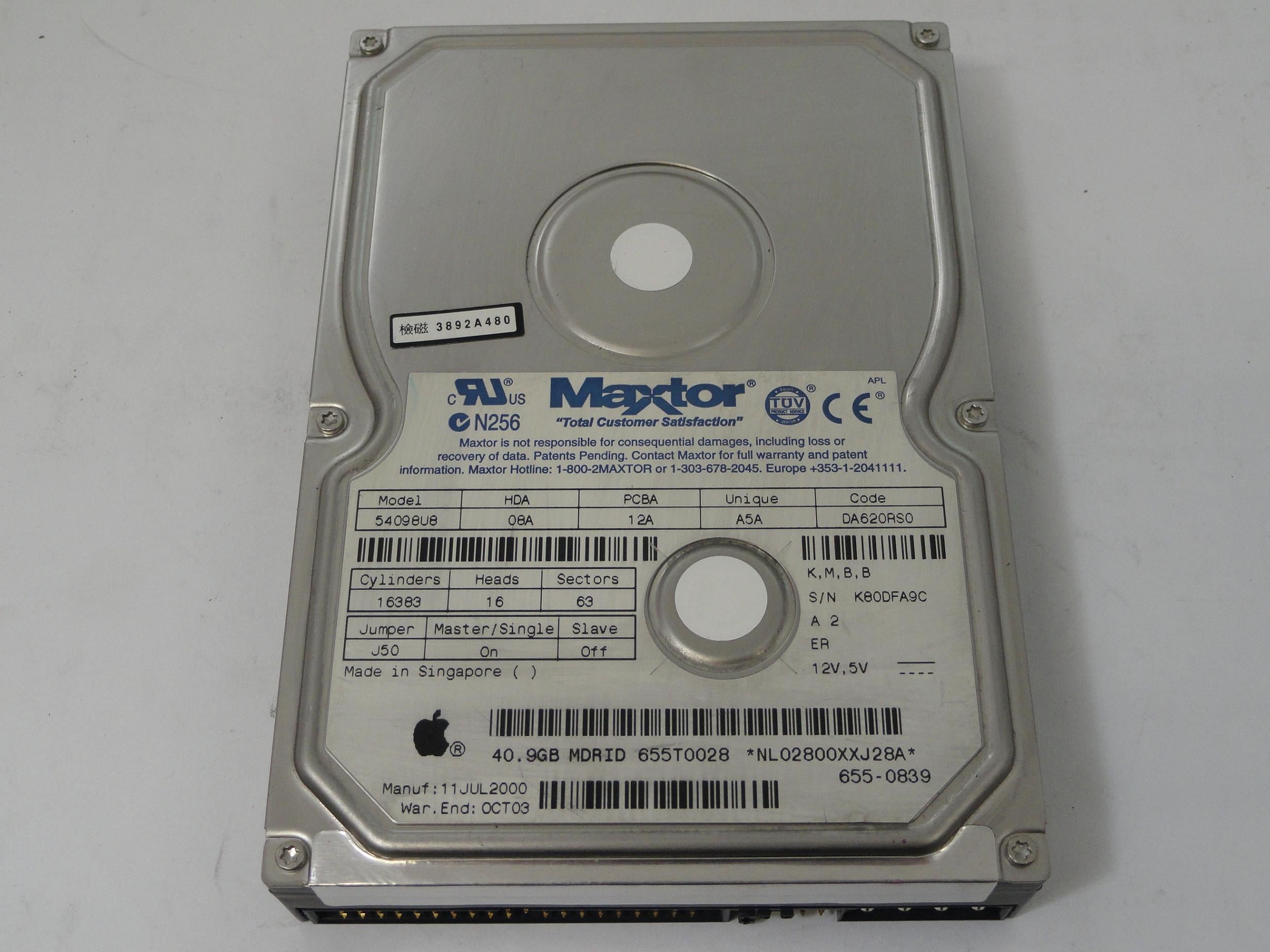 Maxtor Apple 40Gb IDE 7200rpm 3.5in HDD ( 54098U8 655T0028 655-0839 ) ASIS