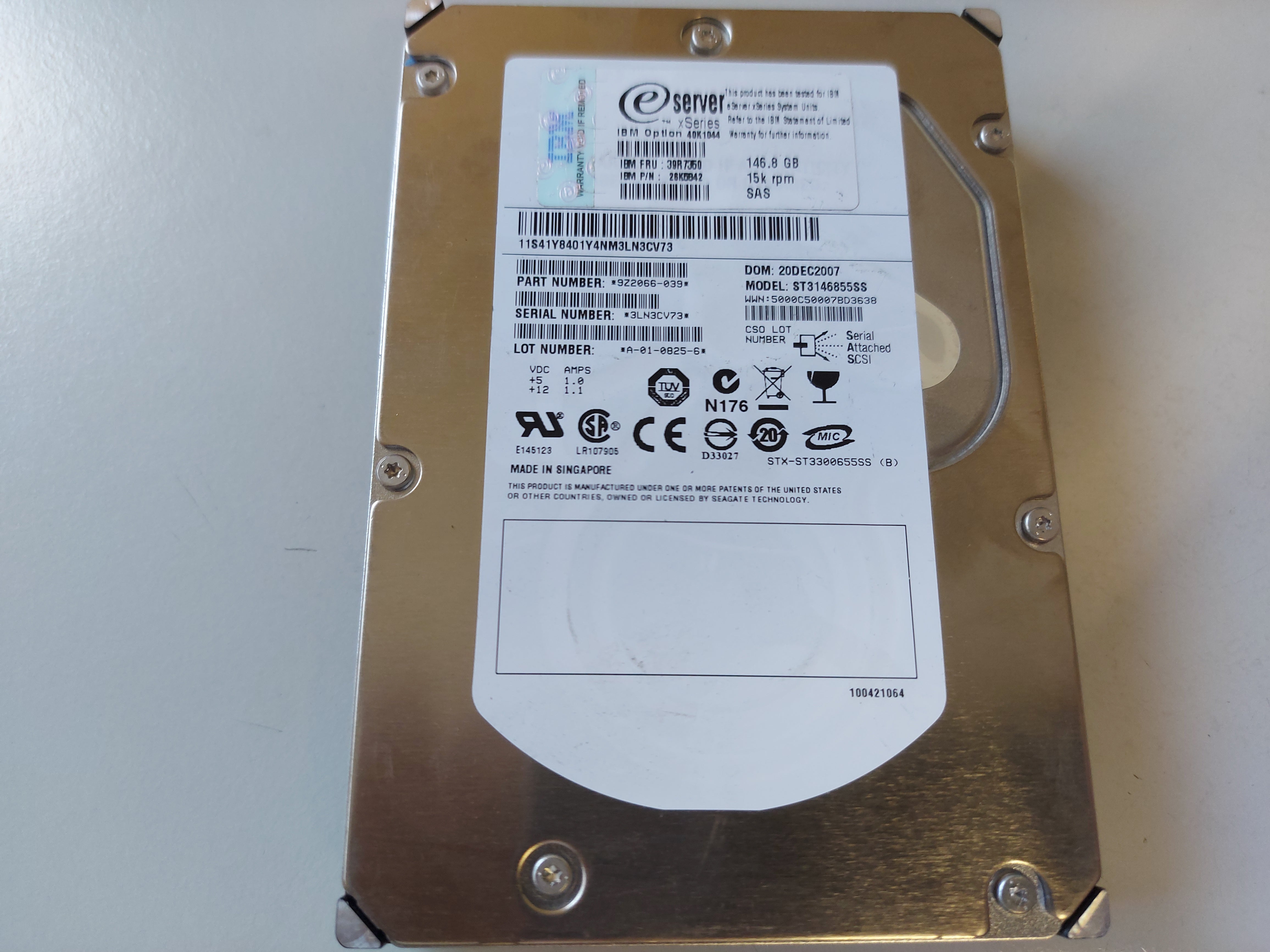 Seagate IBM 146.8Gb SAS 15Krpm 3.5in HDD ( 9Z2066-039 ST3146855SS 26K5842 39R7350 41Y8401 40K1044 ) USED