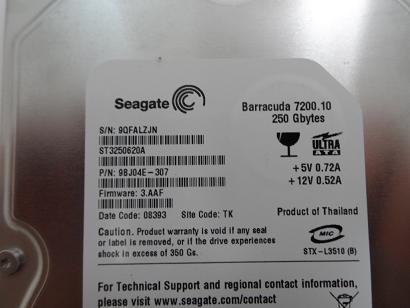 9BJ04E-307 - Seagate Barracuda ST3250620A 7200.10 250Gb 7.2K IDE Ultra ATA/100 3.5" Hard Drive - Refurbished
