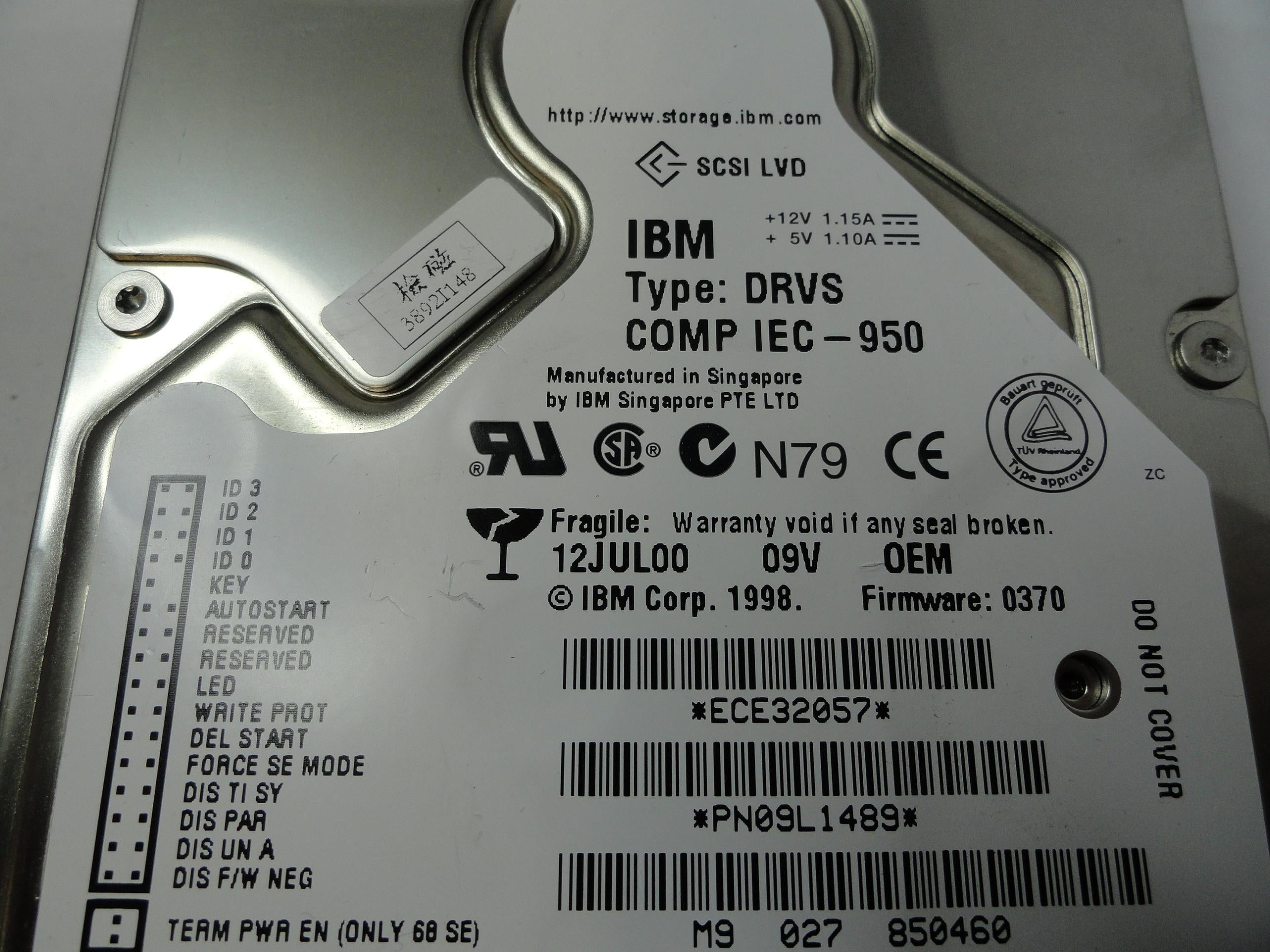09L1489 - IBM 9.1Gb SCIS 68 Pi 7200rpm 3.5in HDD - Refurbished