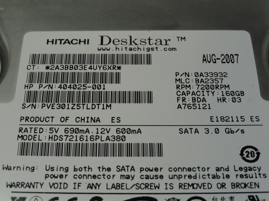 0A33932 - Hitachi HP 160GB SATA 7200rpm 3.5in Deskstar HDD - Refurbished
