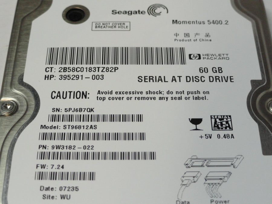9W3182-022 - Seagate HP 60Gb SATA 5400rpm 2.5in HDD - Refurbished