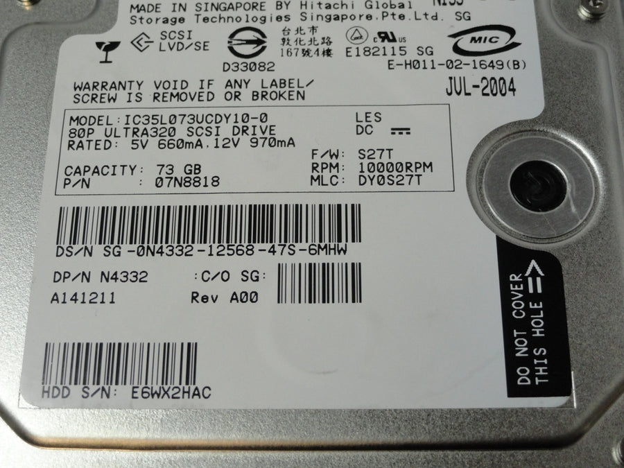 07N8818 - Hitachi Dell 73GB SCSI 80 Pin 10Krpm 3.5in Ultrastar HDD in Caddy - Refurbished