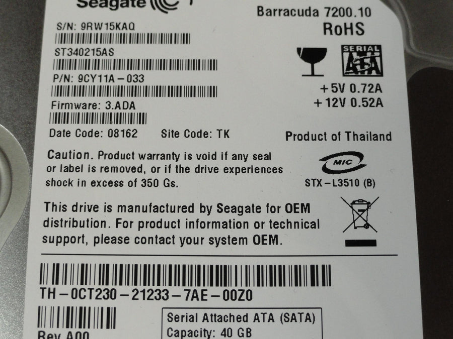 9CY11A-033 - Seagate Dell 40GB SATA 7200rpm 3.5in Barracuda 7200.10 HDD - Refurbished