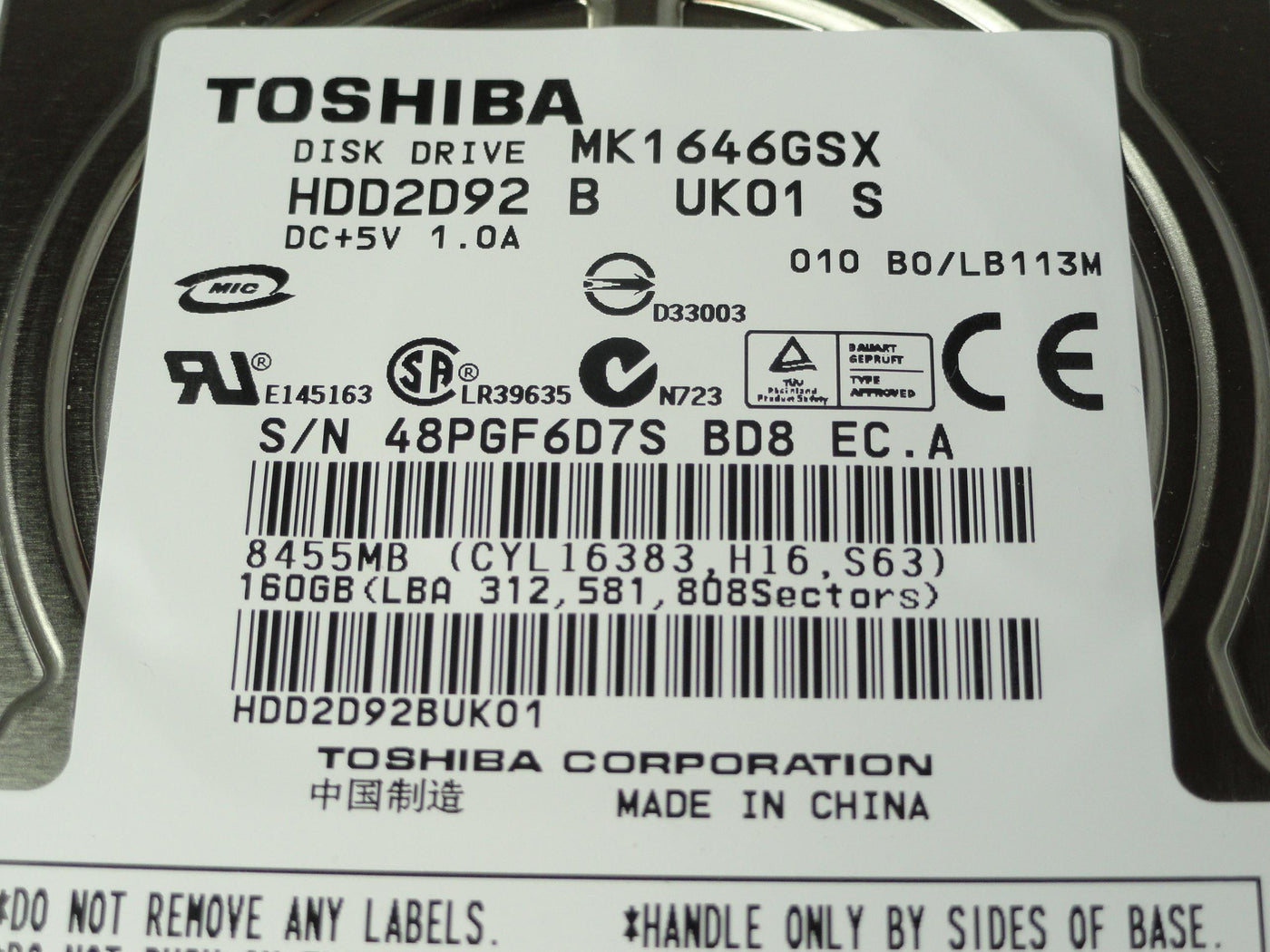 HDD2D92 - Toshiba 160Gb SATA 5400rpm 2.5in HDD - Refurbished