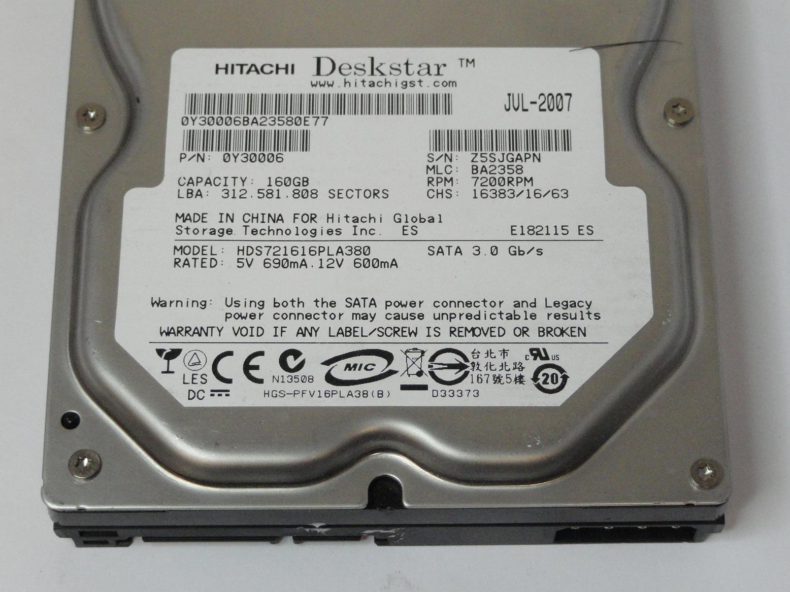 PR13890_0Y30006_Hitachi 160GB SATA 7200rpm 3.5in HDD - Image3