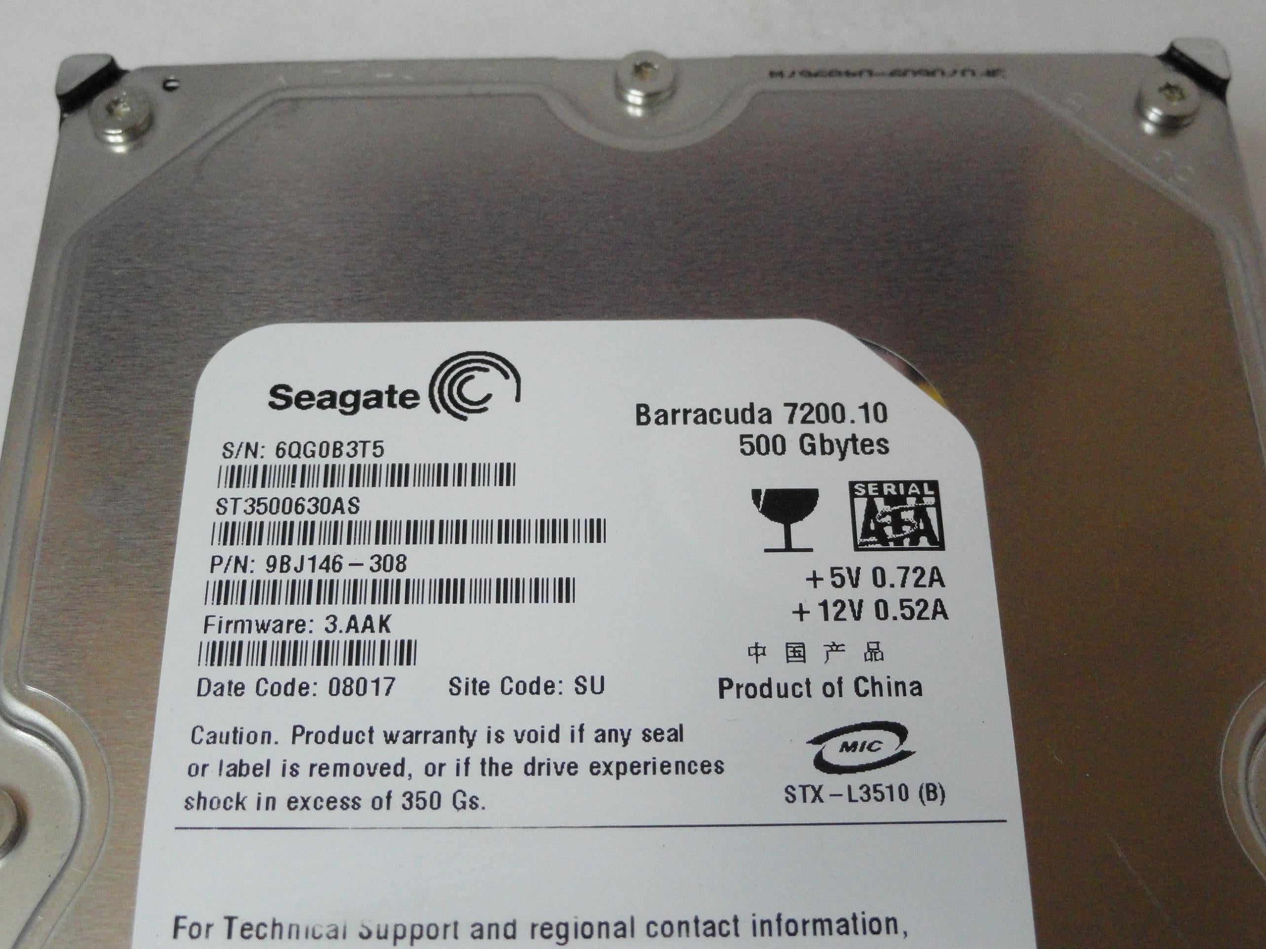 9BJ146-308 - Seagate 500Gb SATA 7200rpm 3.5in HDD - USED