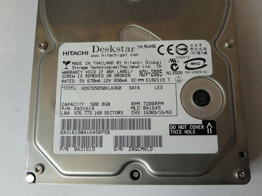 0A31619 - Hitachi 500GB SATA 7200rpm 3.5in Deskstar HDD - USED