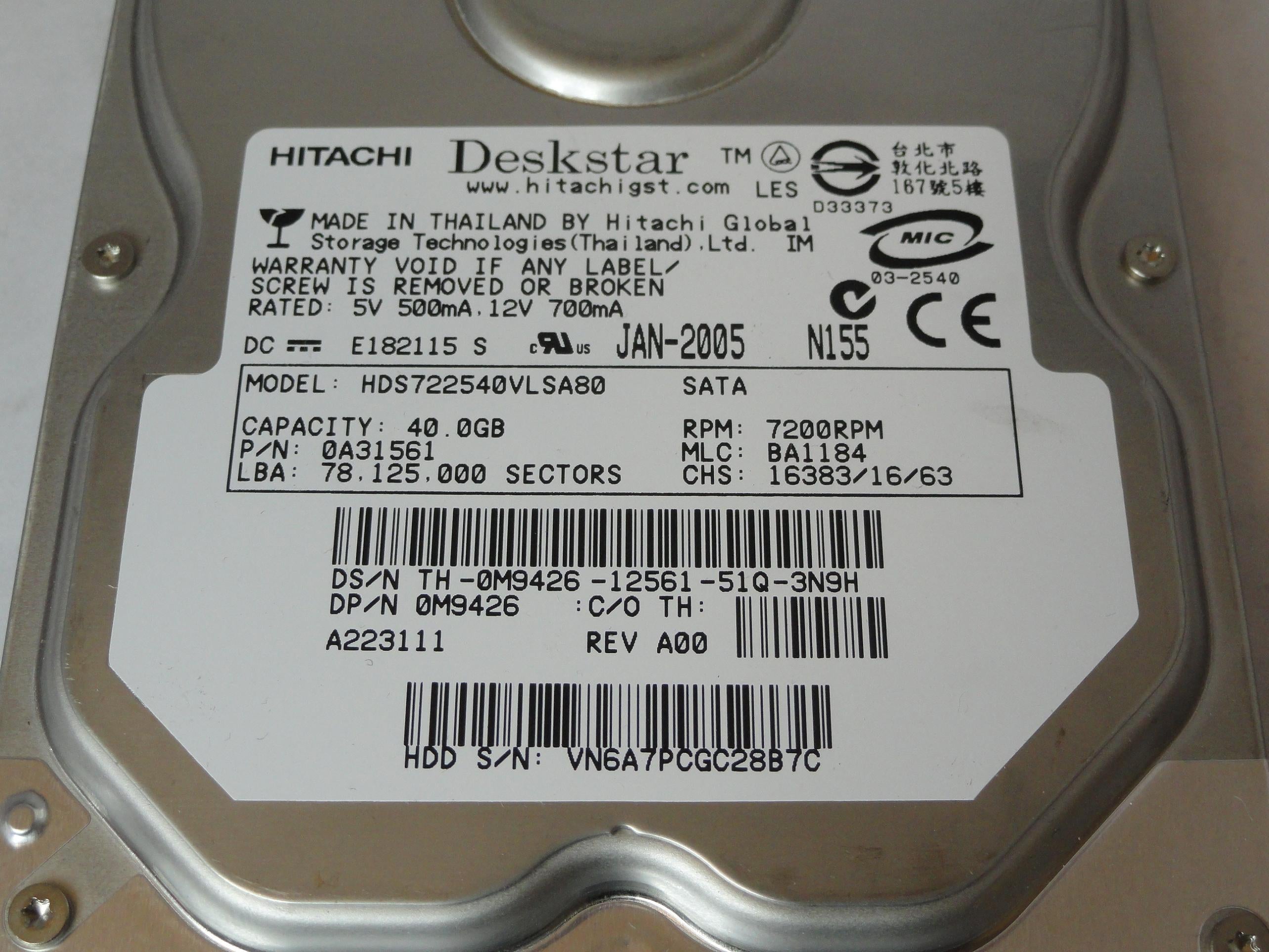 PR22829_0A31561_Hitachi Dell 40GB SATA 7200rpm 3.5in HDD - Image2