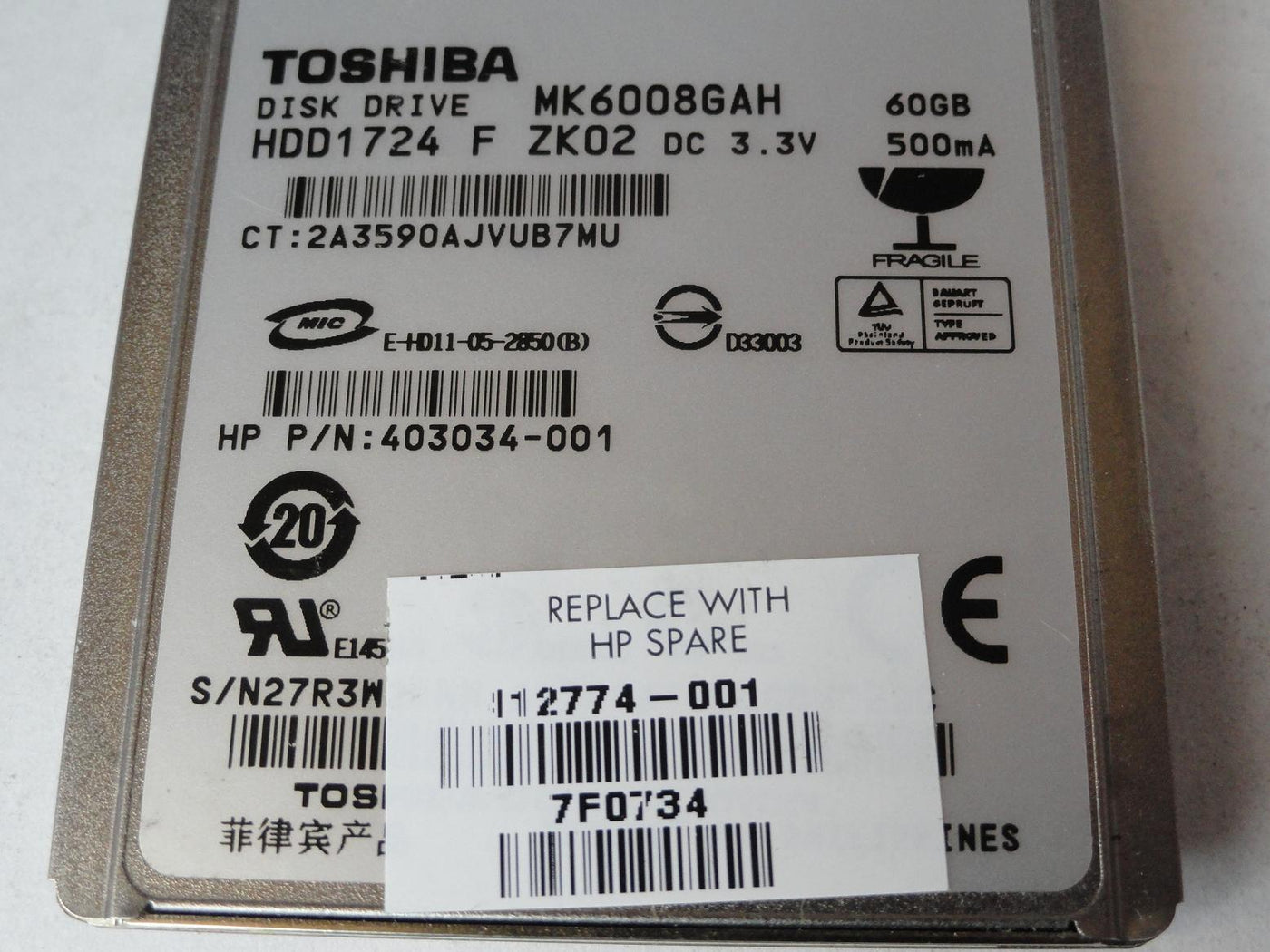PR23009_HDD1724_Toshiba HP 60Gb ZIF 4200rpm 1.8in HDD - Image3
