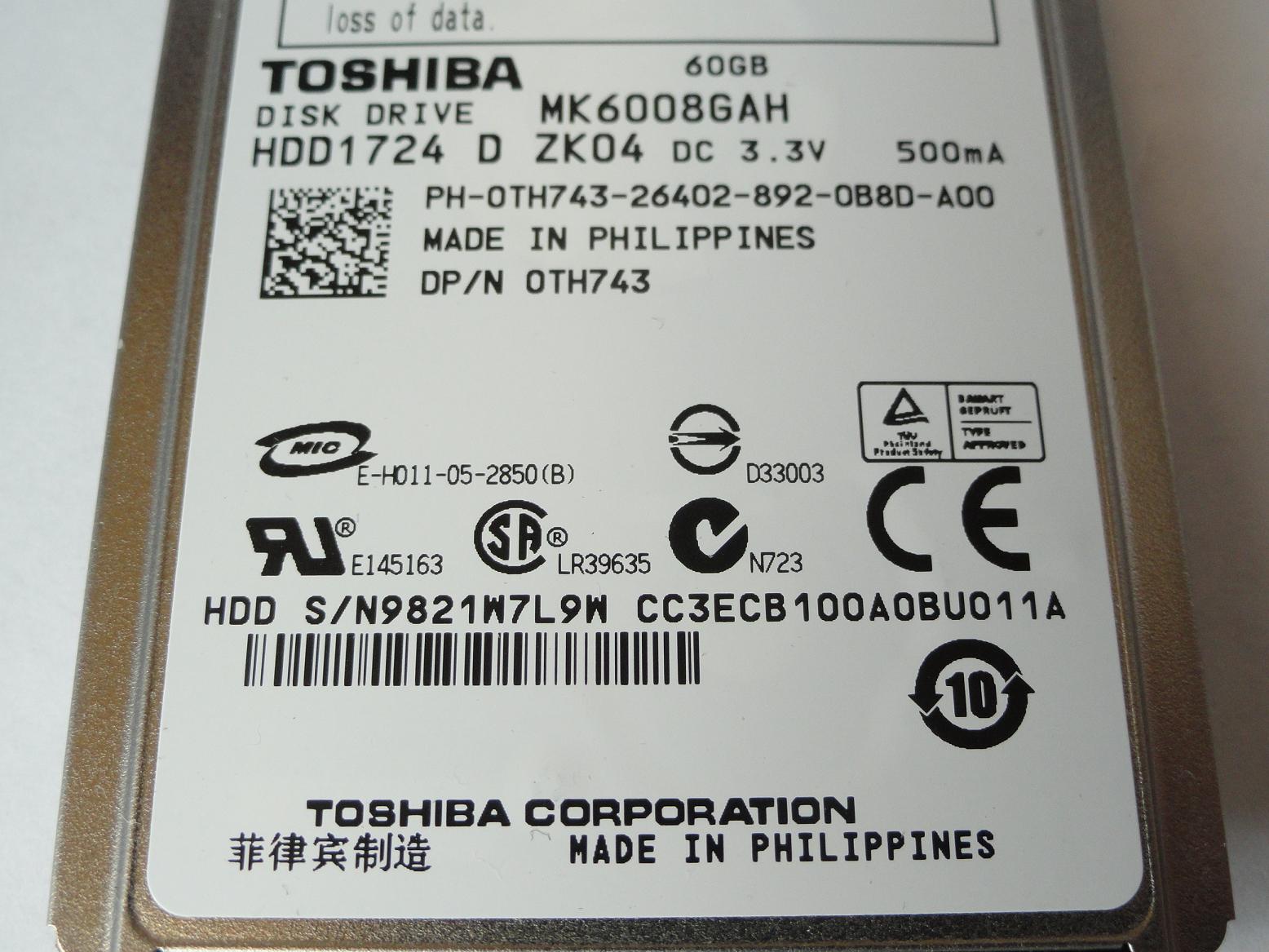 PR23018_HDD1724_Toshiba Dell 60Gb ZIF 4200rpm 1.8in HDD - Image3
