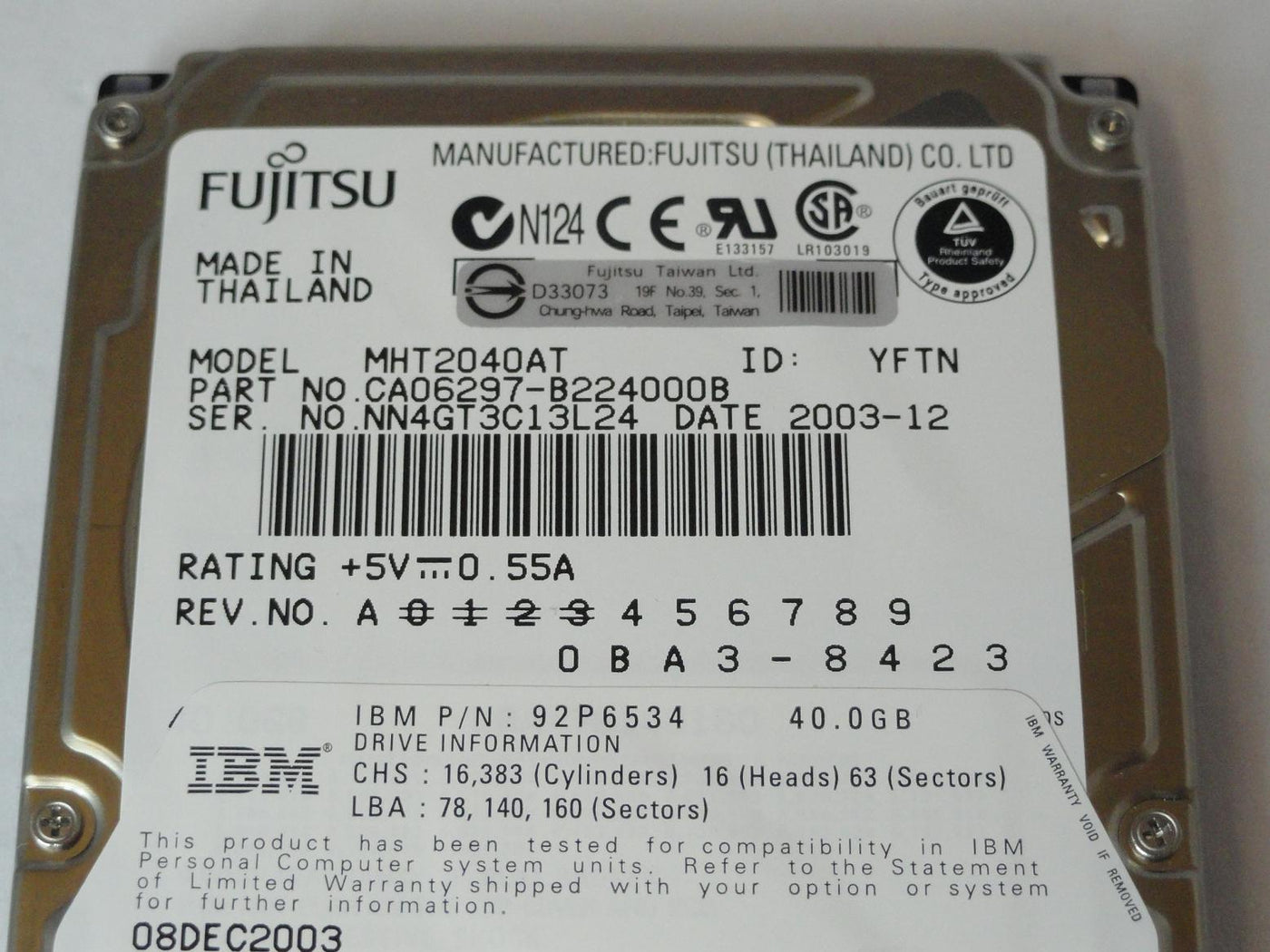 PR23051_CA06297-B224000B_Fujitsu IBM 40Gb IDE 4200rpm 2.5in HDD - Image3