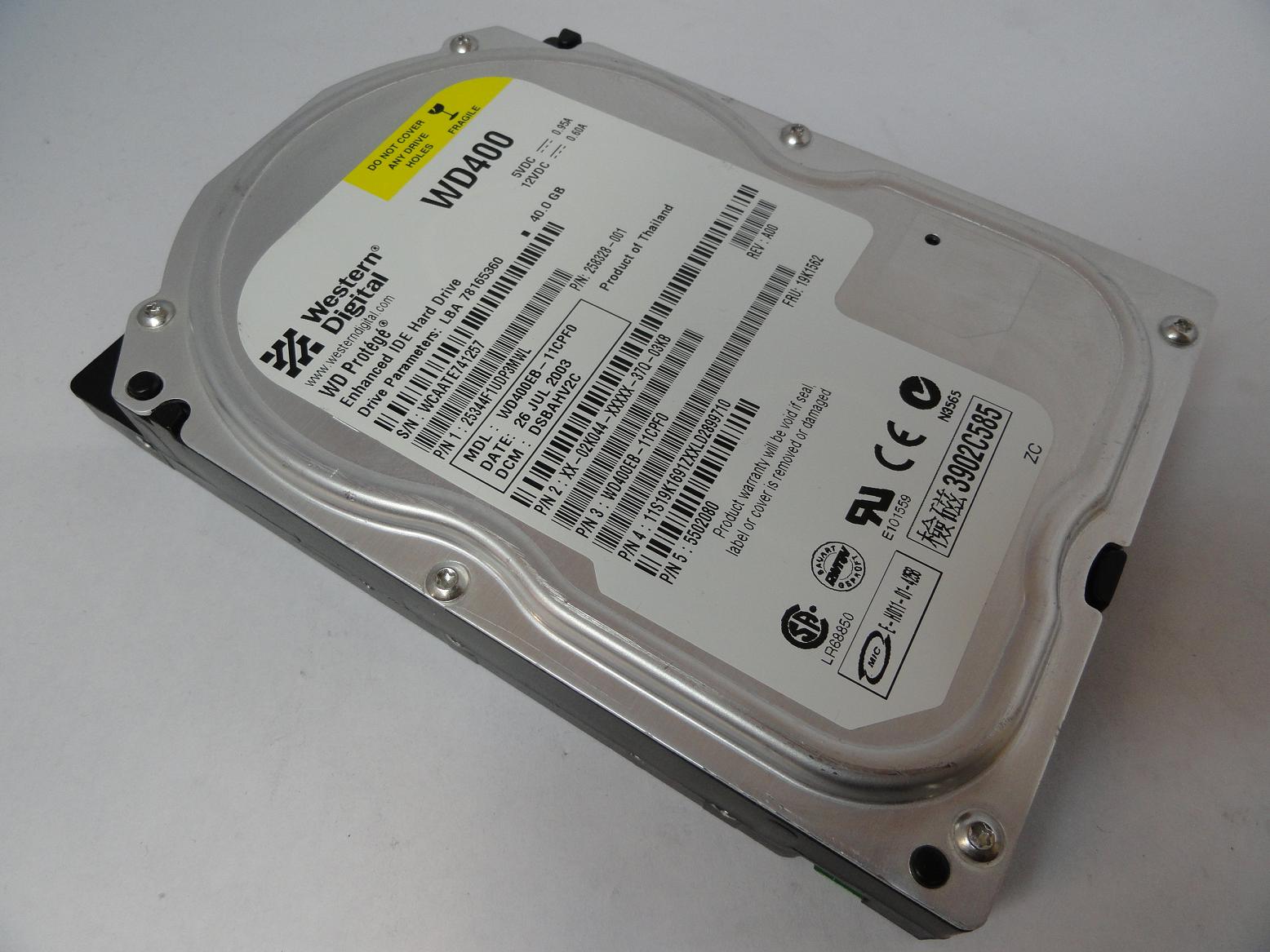 WD400 - Western Digital Dell IBM HP 40GB IDE 7200rpm 3.5in HDD - USED