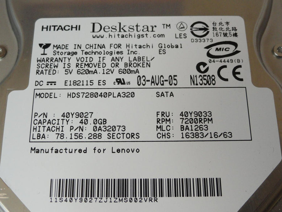 PR23889_0A32073_Hitachi Lenovo 40GB SATA 7200rpm 3.5in HDD - Image2