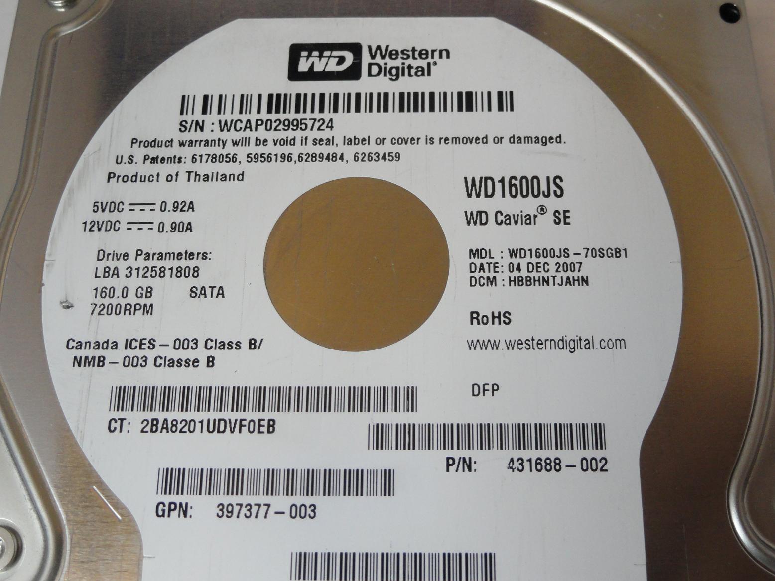 PR24118_WD1600JS_Western Digital HP 160GB SATA 7200rpm 3.5in HDD - Image2