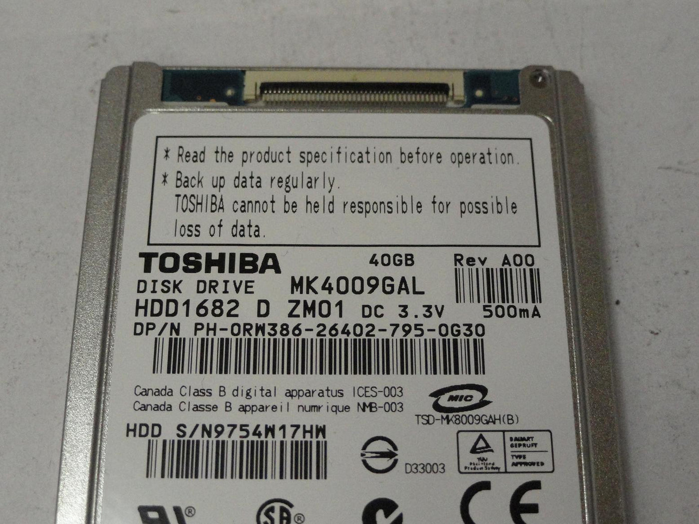PR23894_HDD1682_Toshiba Dell 40GB ZIF 4200rpm 1.8in HDD - Image3