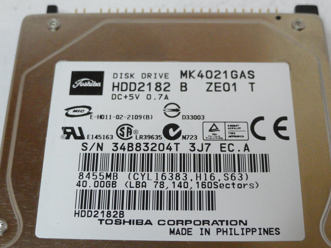 PR24001_HDD2182_Toshiba 40GB IDE 4200rpm 2.5in HDD - Image3