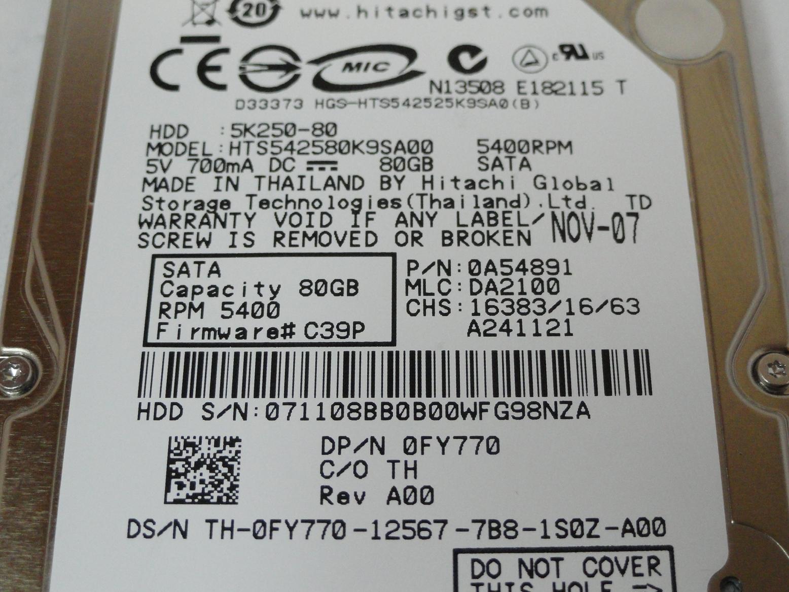 PR24020_0A54891_Hitachi Dell 80GB SATA 5400rpm 2.5in HDD - Image3