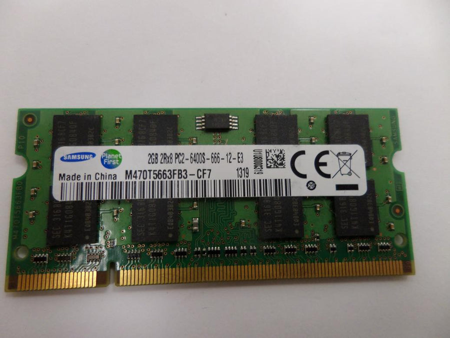 M470T5663FB3-CF7 - Samsung 2GB PC2-6400 DDR2-800MHz non-ECC Unbuffered CL6 200-Pin SODIMM Dual Rank Memory Module - Refurbished