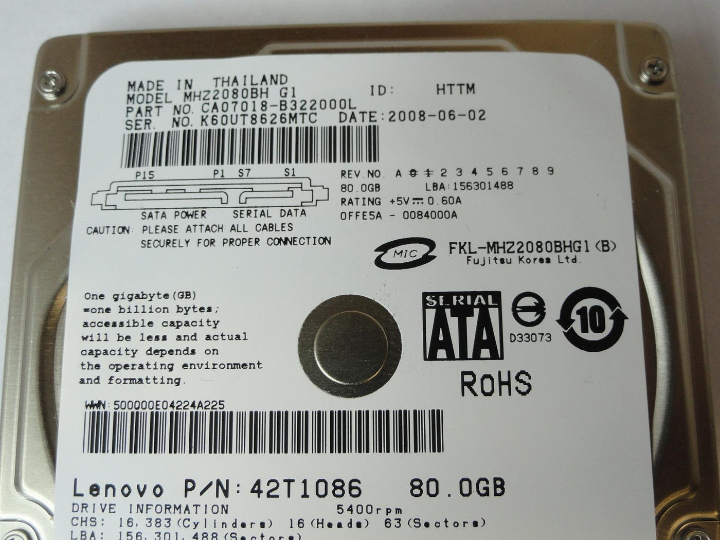 PR24102_CA07018-B322000L_Fujitsu Lenovo 80GB SATA 5400rpm 2.5in HDD - Image4