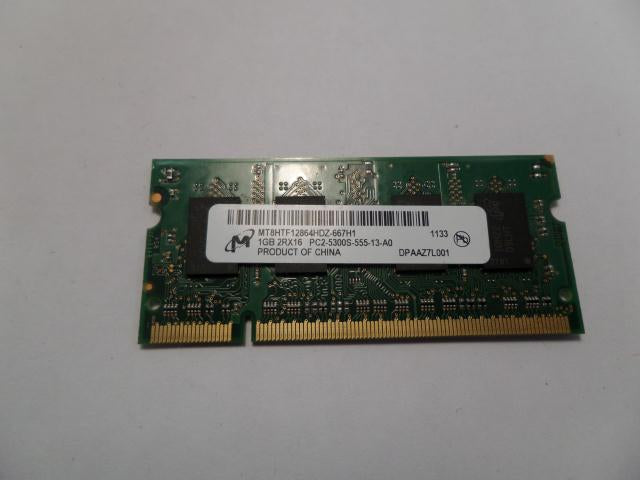 MT8HTF12864HDZ-667H1 - Micron 1GB 200p PC2-5300 CL5 8c 64x16 DDR2-667 2Rx16 1.8V Unbuffered SODIMM - Refurbished