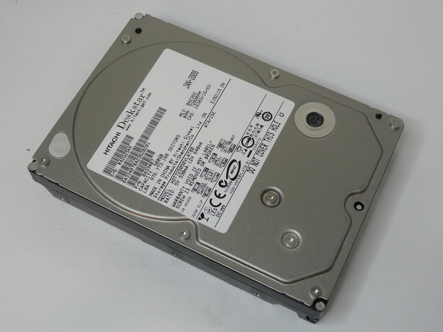 0A33407 - Hitachi Deskstar 500GB IDE 7200rpm 3.5in HDD - Refurbished