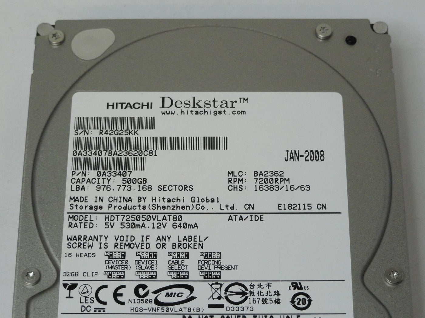 PR25035_0A33407_Hitachi 500GB IDE 7200rpm 3.5in HDD - Image3
