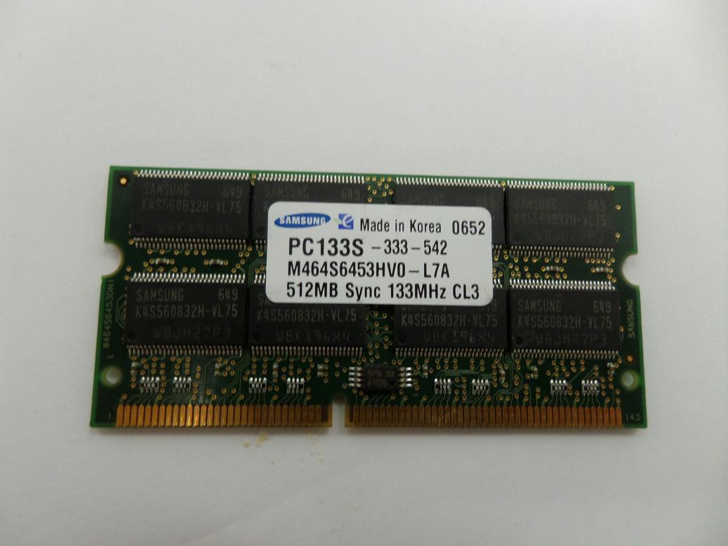 M464S6453HV0-L7A - Samsung 512MB 144p PC133 CL3 16c 32x8 SDRAM SODIMM - USED