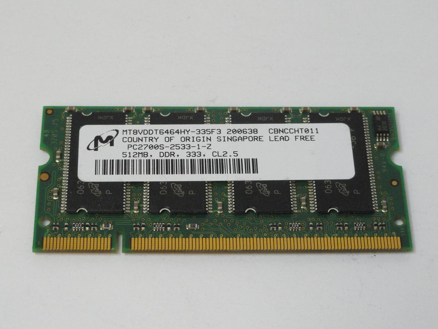 PC2700S-2533-1-Z - Micron 512MB PC2700 DDR-333MHz non-ECC Unbuffered CL2.5 200-Pin SoDimm Single Rank Memory Module - Refurbished