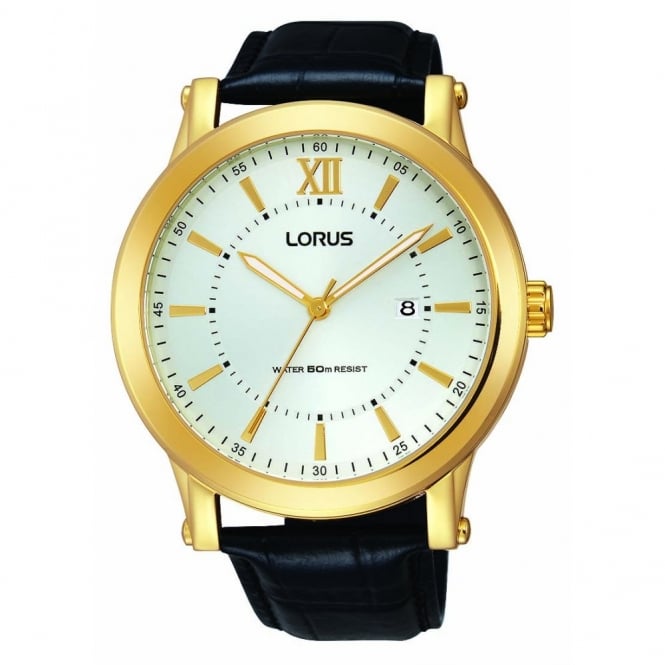 LORUS Gent's Gold Plate Black Leather Watch RH906FX9