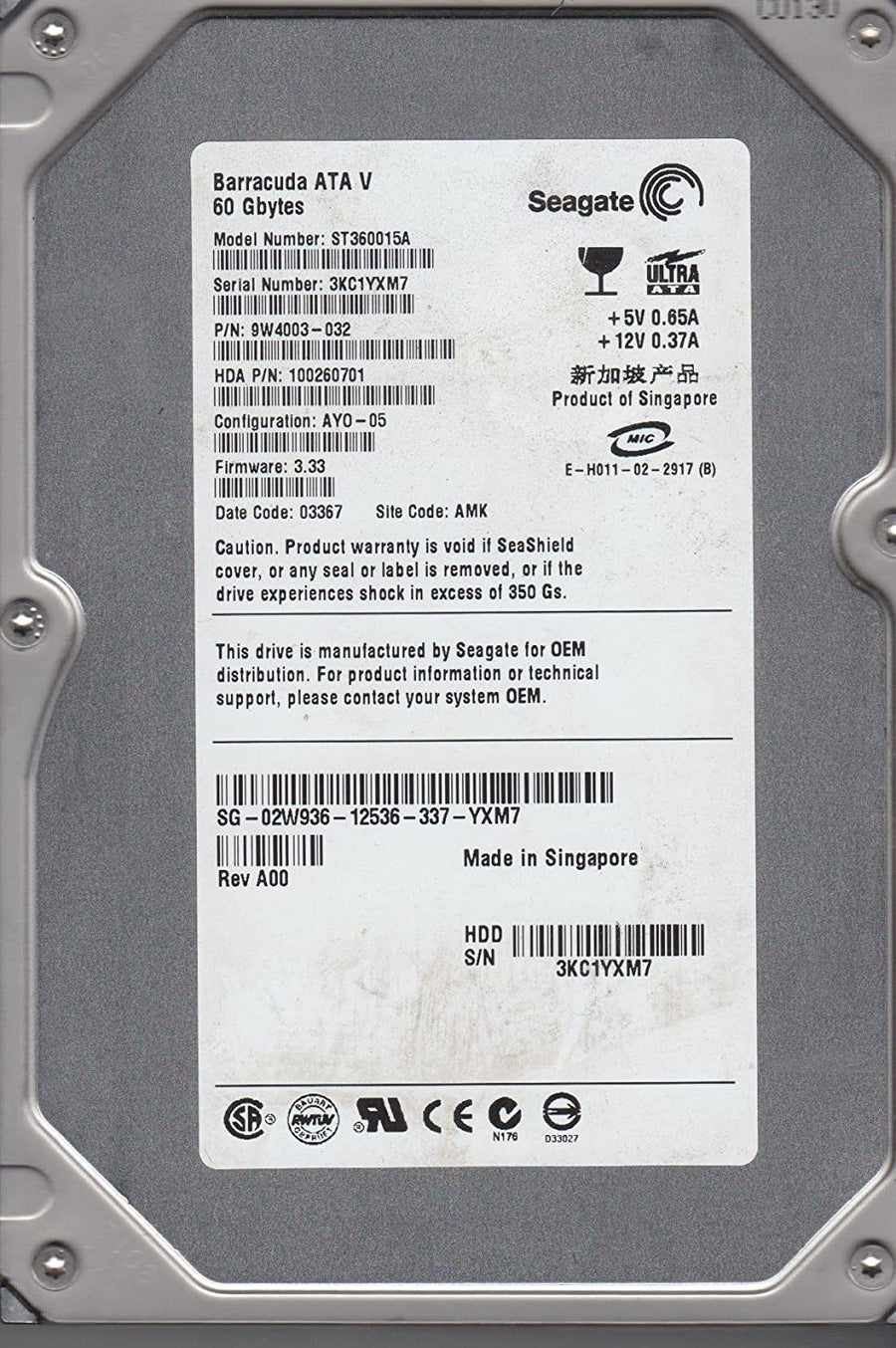 Seagate Dell 60GB 7200RPM ATA-100 3.5in HDD ( ST360015A 9W4003-032 02W936 ) REF