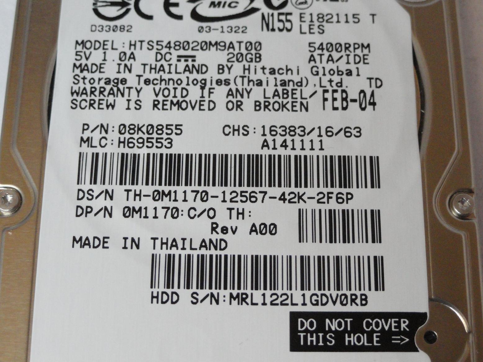 PR22235_08K0855_Hitachi Dell 20Gb IDE 5400rpm 2.5in HDD - Image3