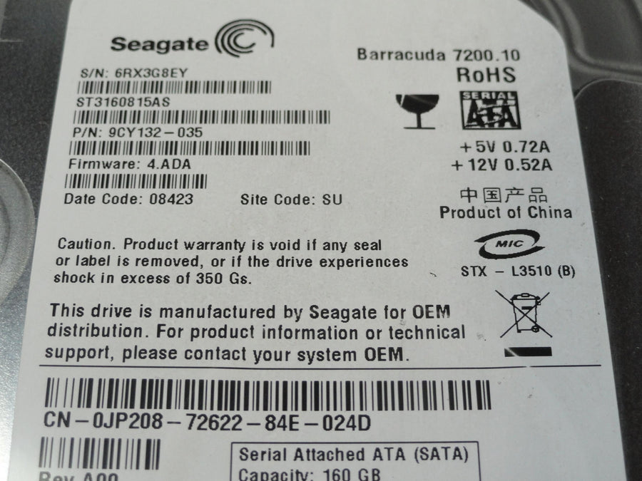9CY132-035 - Seagate Dell 160GB SATA 7200rpm 3.5in Barracuda 7200.10 HDD - USED
