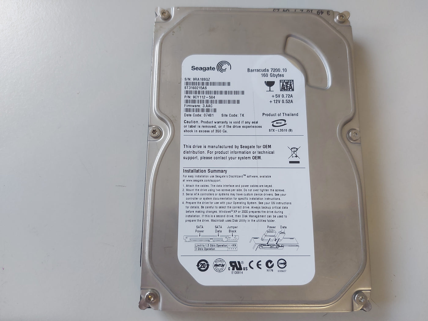 Seagate Barracuda 160GB 7200rpm SATA 3.5in HDD ( ST3160215AS 9CY112-504 ) USED