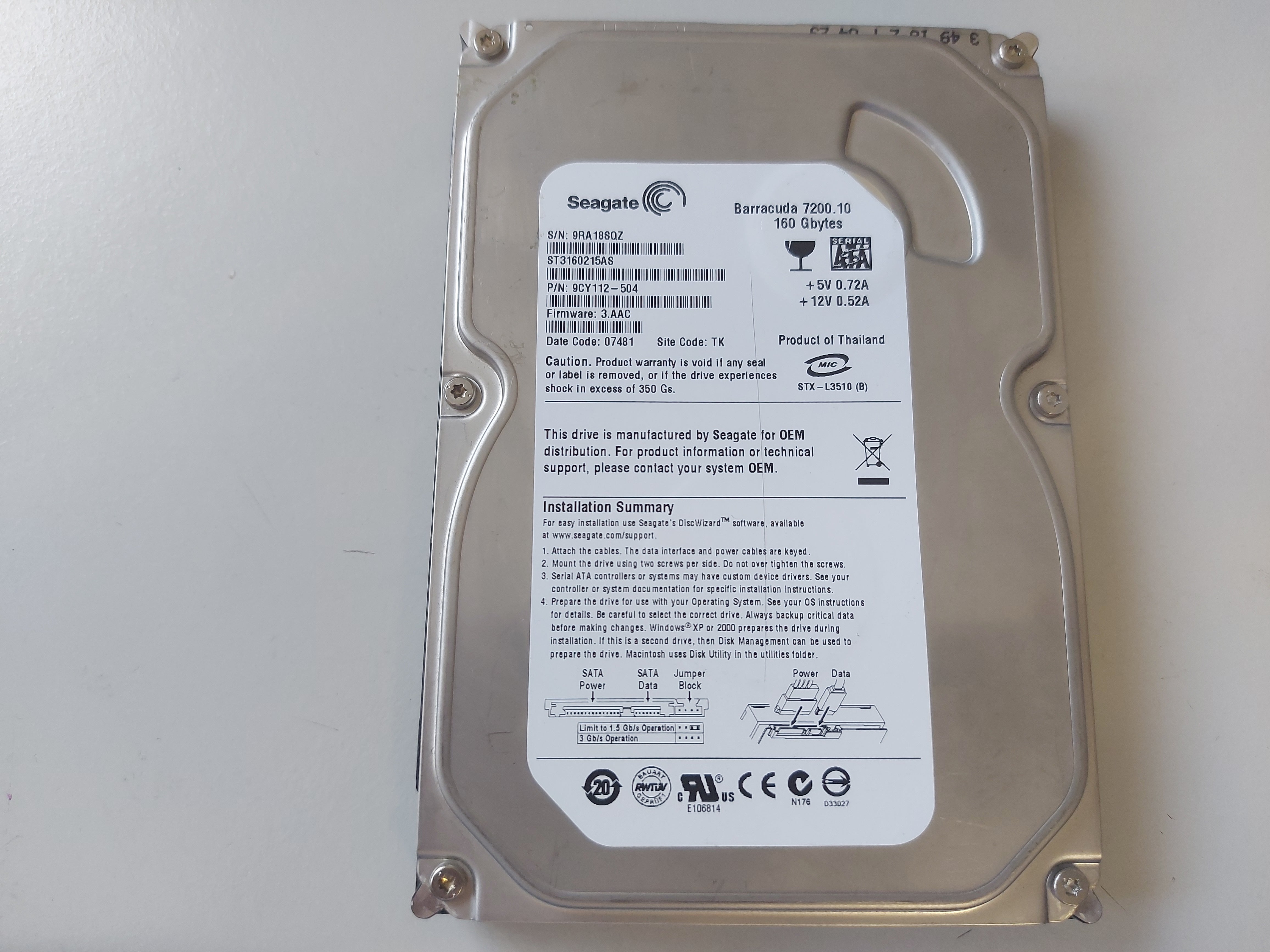 Seagate Barracuda 160GB 7200rpm SATA 3.5in HDD ( ST3160215AS 9CY112-504 ) USED