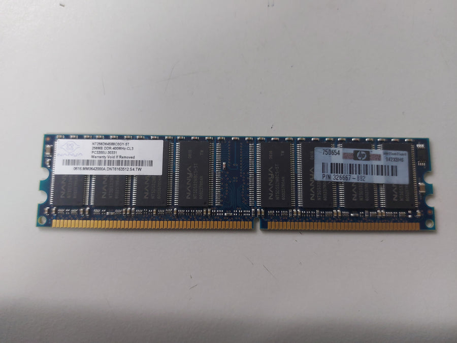 Nanya HP 256MB PC3200 DDR-400MHz non-ECC Unbuffered CL3 184-Pin DIMM ( NT256D64S88C0GY-5T 326667-882 ) REF
