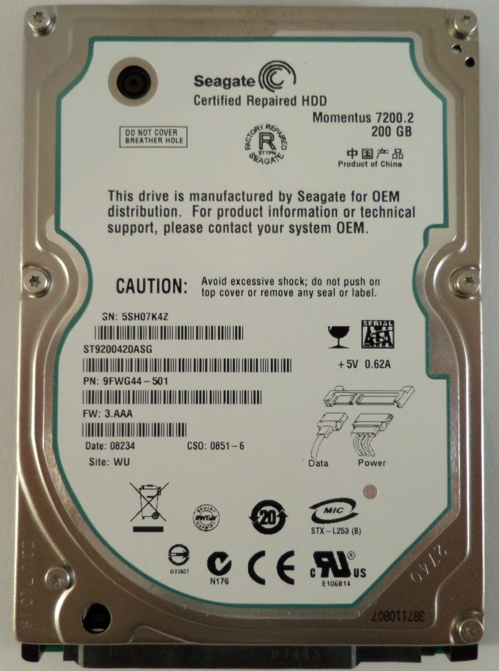 9FWG44-501 - Seagate 200GB SATA 7200rpm 2.5in HDD - Refurbished