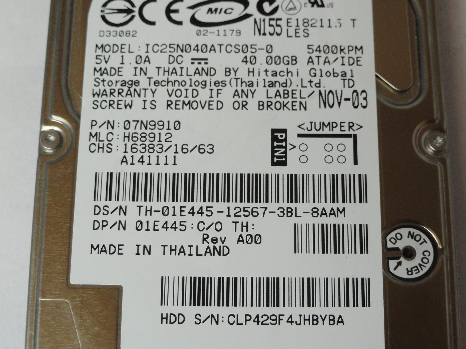PR12551_07N9910_Hitachi Dell 40Gb IDE 5400rpm 2.5in HDD - Image2