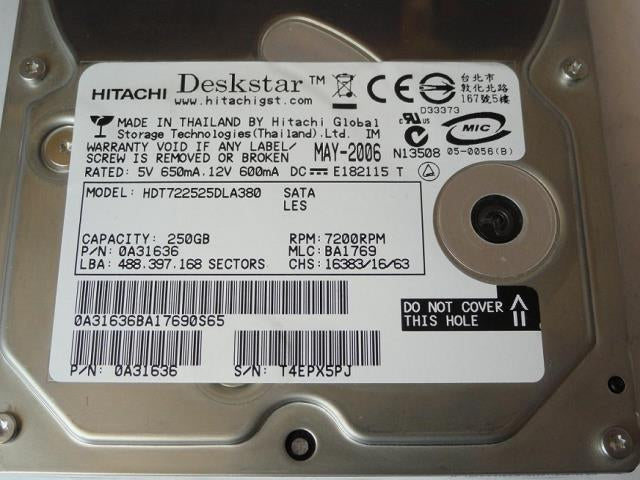 Hitachi 250GB SATA 7200rpm 3.5in HDD ( 0A31636 HDT722525DLA380  Hitachi Ref)