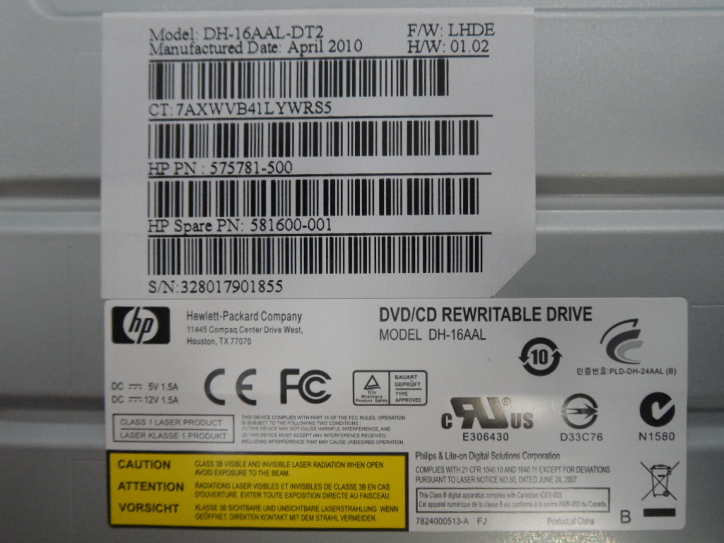 HP DVD+RW DL SATA Drive w/LightScribe - Black ( 575781-500 DH-16AAL-DT2 581600-001    HP )