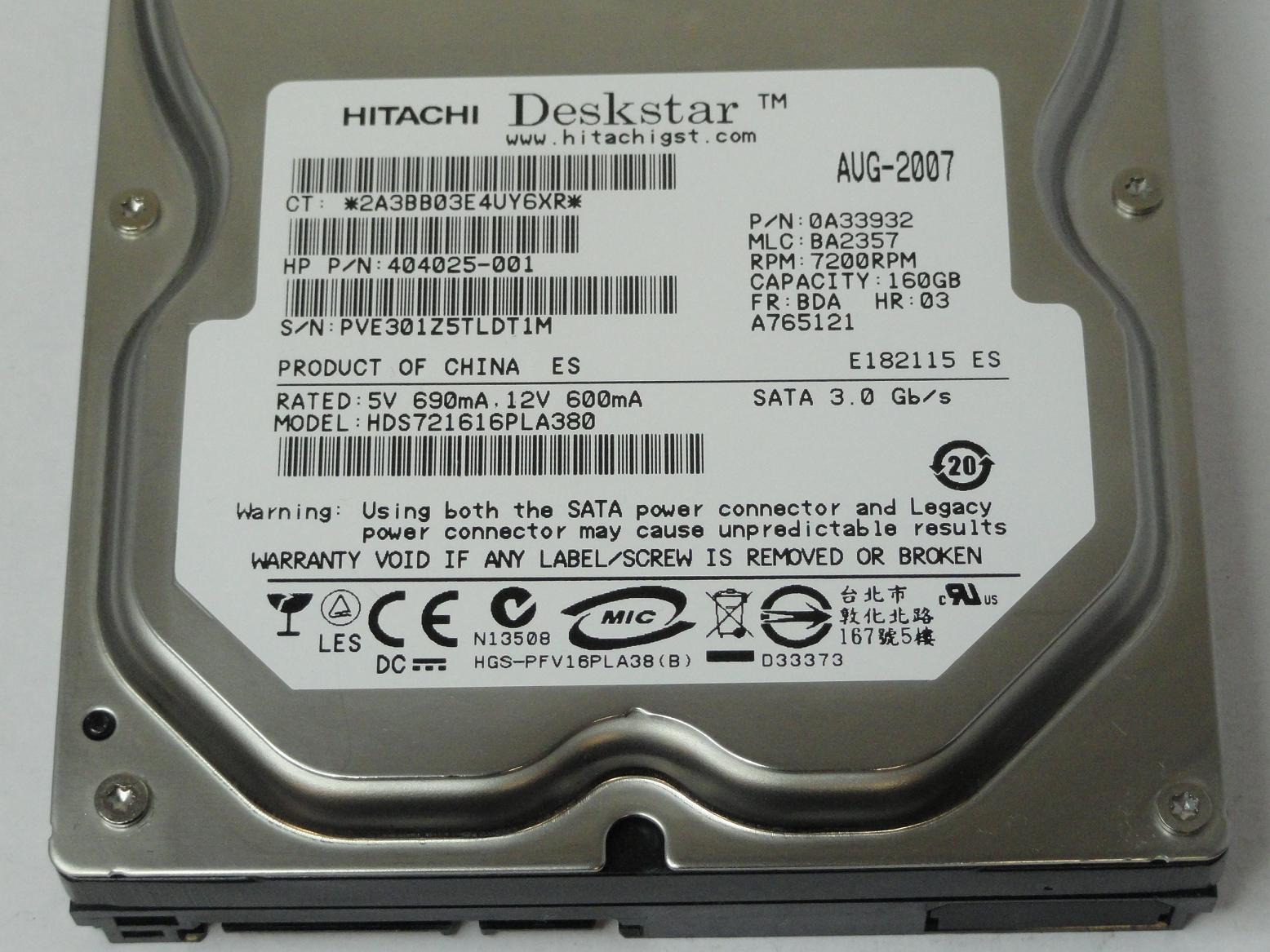 Hitachi HP 160GB SATA 7200rpm 3.5in HDD ( 0Y30006 HDS721616PLA380  404025-001   Hitachi HP )