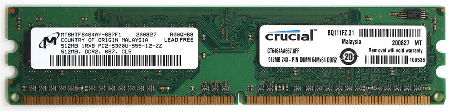 Micron 512MB PC2-5300 DDR2-667MHz non-ECC Unbuffered CL5 240-Pin DIMM Single Rank Memory Module ( MT8HTF6464AY-667F1 REF )