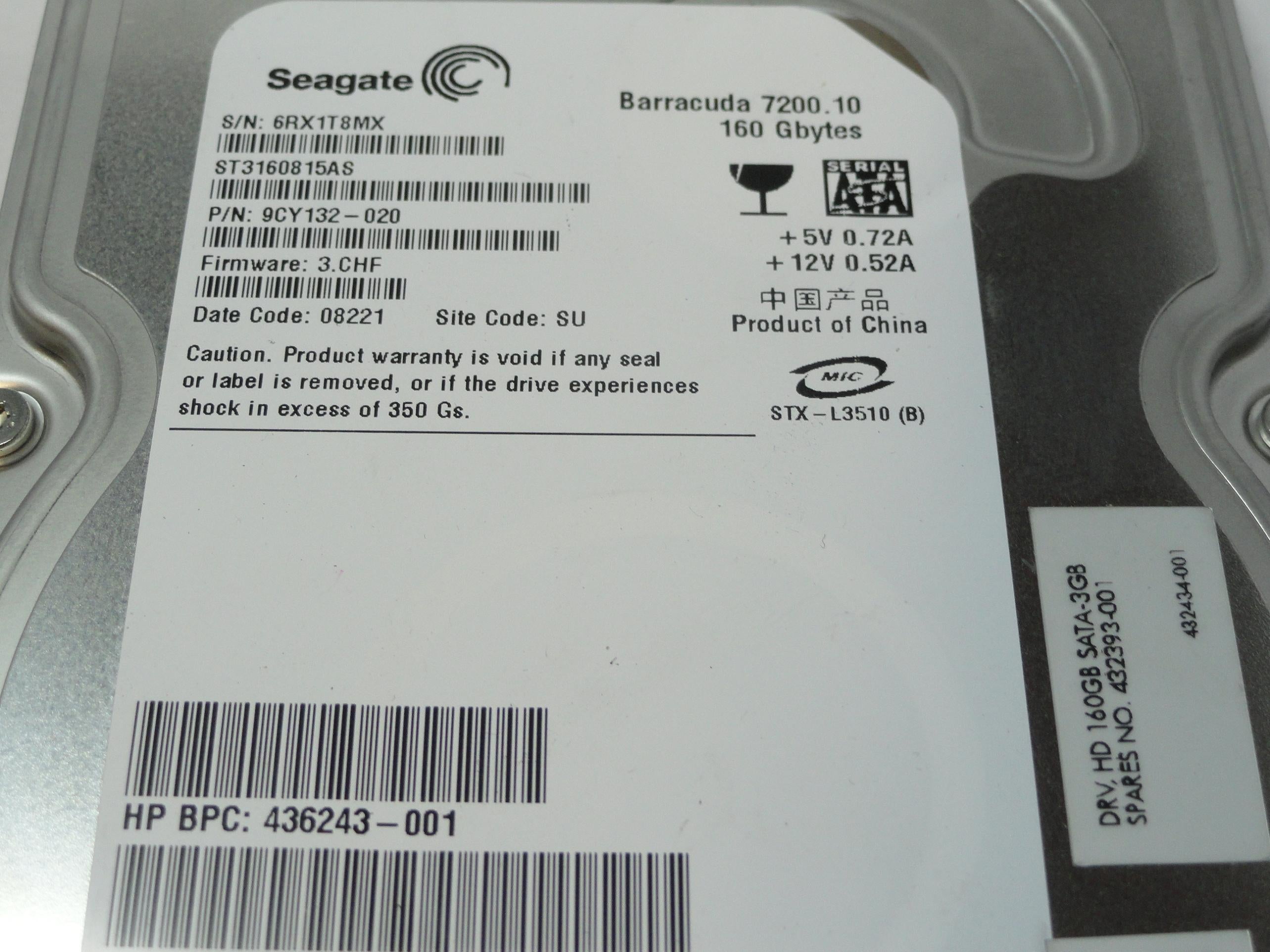 Seagate HP 160Gb SATA 7200rpm 3.5in HDD ( 9CY132-020 ST3160815AS 432393-001 436243-001   Seagate HP )