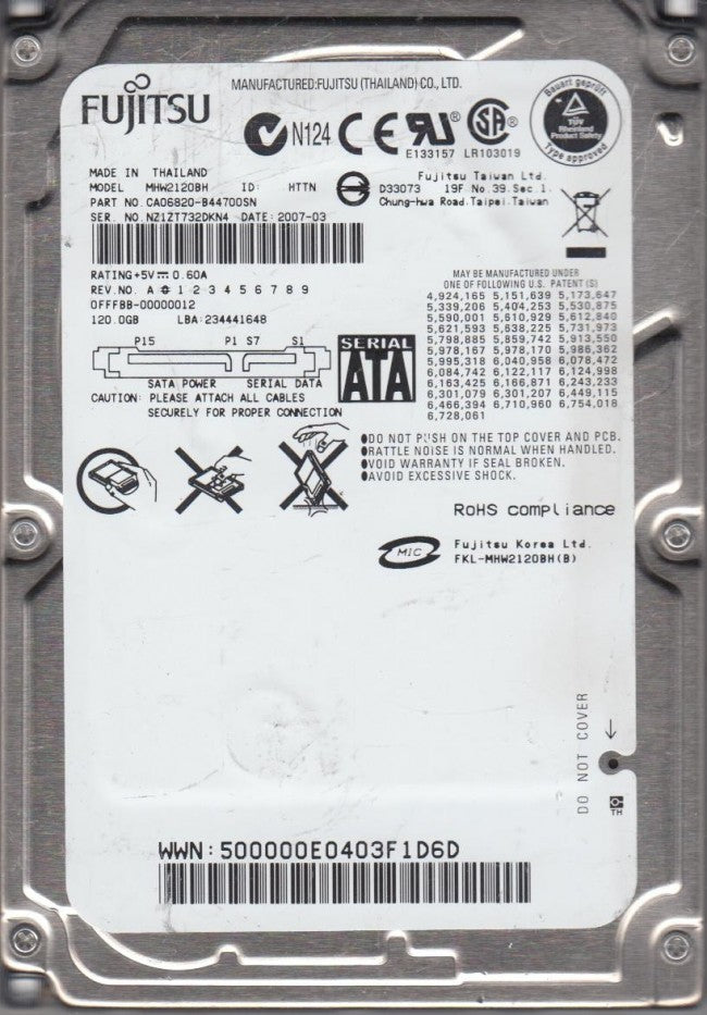 Fujitsu 120GB SATA 5400rpm 2.5in HDD ( CA06820-B44700SN MHW2120BH ) REF