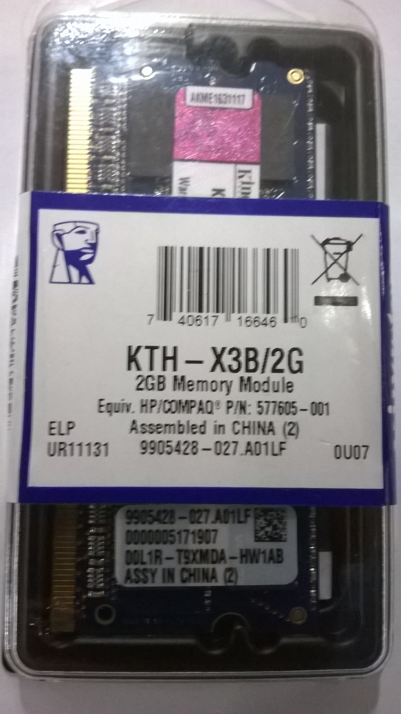 Kingston KTH-X3B/2G 2 GB, PC3-10600 DDR3 SDRAM 1333 MHz PN (577605 001 New)