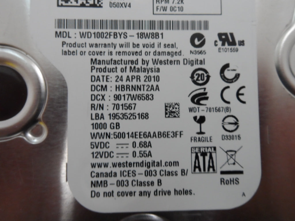 Dell / WD 1Tb SATA 7200RPM 3.5in HDD (WD1002FBYS-18W8B0 050XV4 50XV4  Ref)