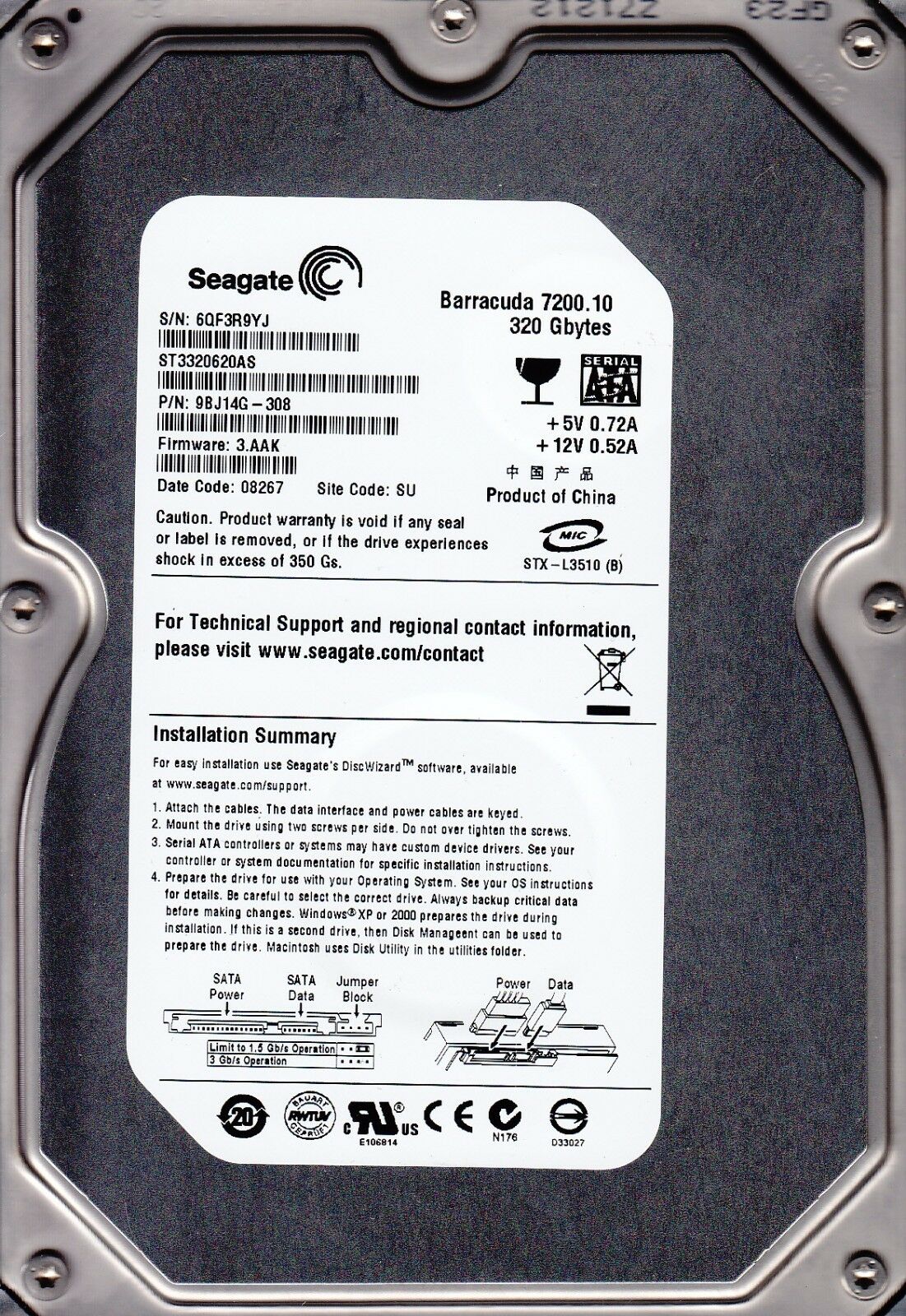 Seagate 320GB BARRACUDA 7200.7 SATA HDD  (ST3320620AS - 9BJ14G-308 )