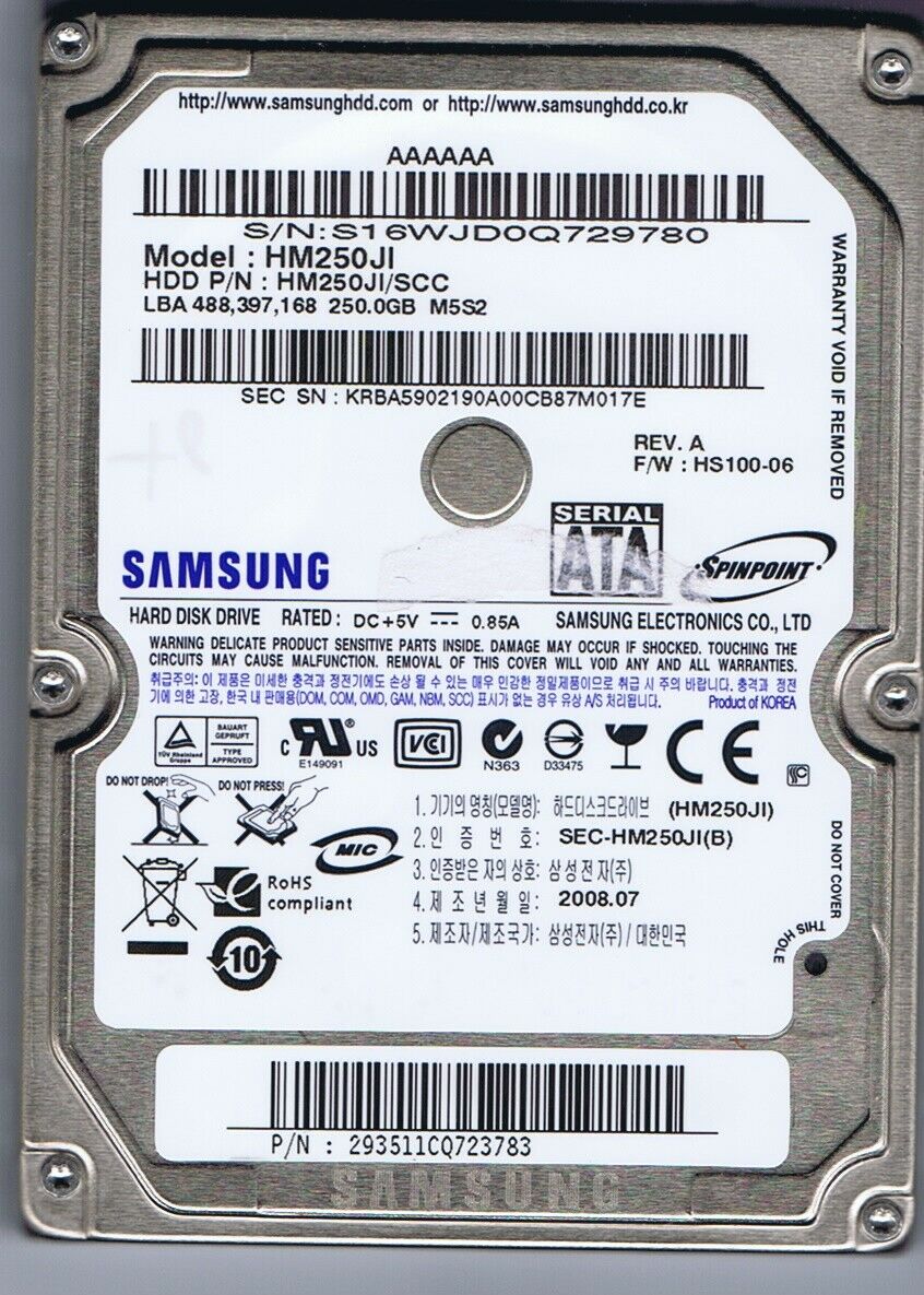 Samsung 250GB,Internal,5400 RPM 2.5" (HM250JI) HDD
