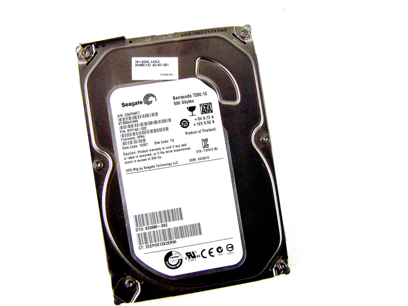 HP / Seagate 500GB SATA 7200RPM 3.5" Hard Drive (ST3500413AS 9YP142-022 633980-002 REF)